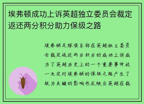 埃弗顿成功上诉英超独立委员会裁定返还两分积分助力保级之路 埃弗顿成功上诉英超独立委员会裁定返还两分积分助力保级之路